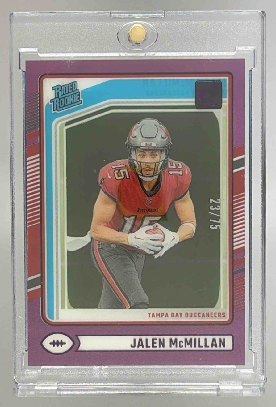 Card image for 2024 Panini Clearly Donruss Jalen McMillan Purple /75 #79 Rated Rookie Buccaneers