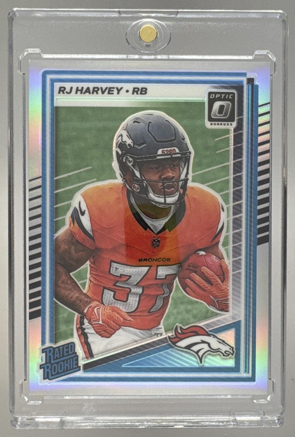 Card image for 2025 Panini Donruss Optic RJ Harvey Rated Rookie Purple Shock Prizm #208 Broncos