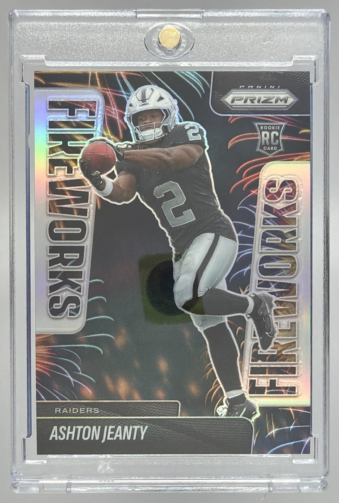 Card image for 2025 Panini Prizm Ashton Jeanty Fireworks Silver #10 RC Raiders
