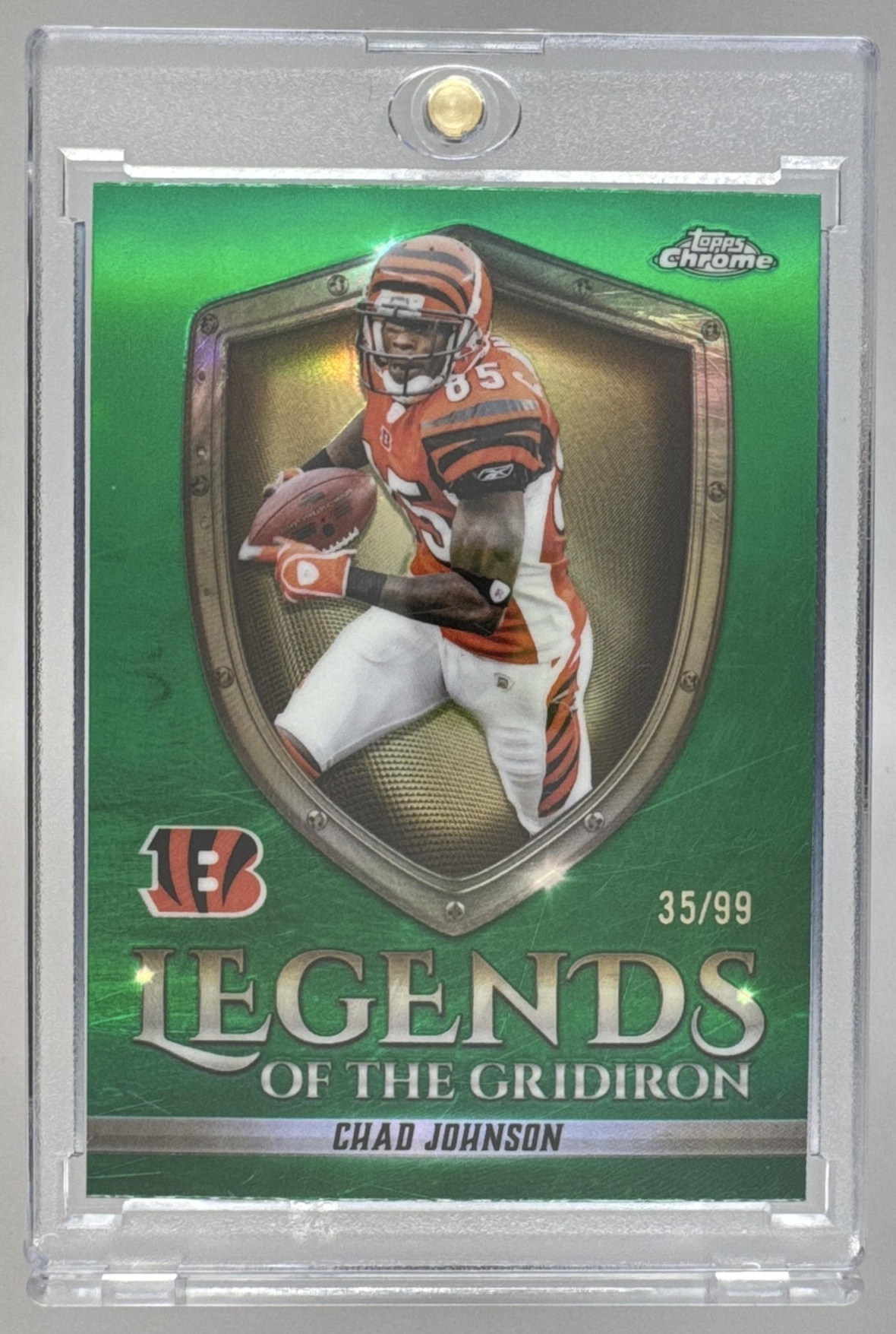 Card image for 2025 Topps Chrome Chad Johnson Legends of the Gridiron Green Refractor /99 #LOG-28 Bengals