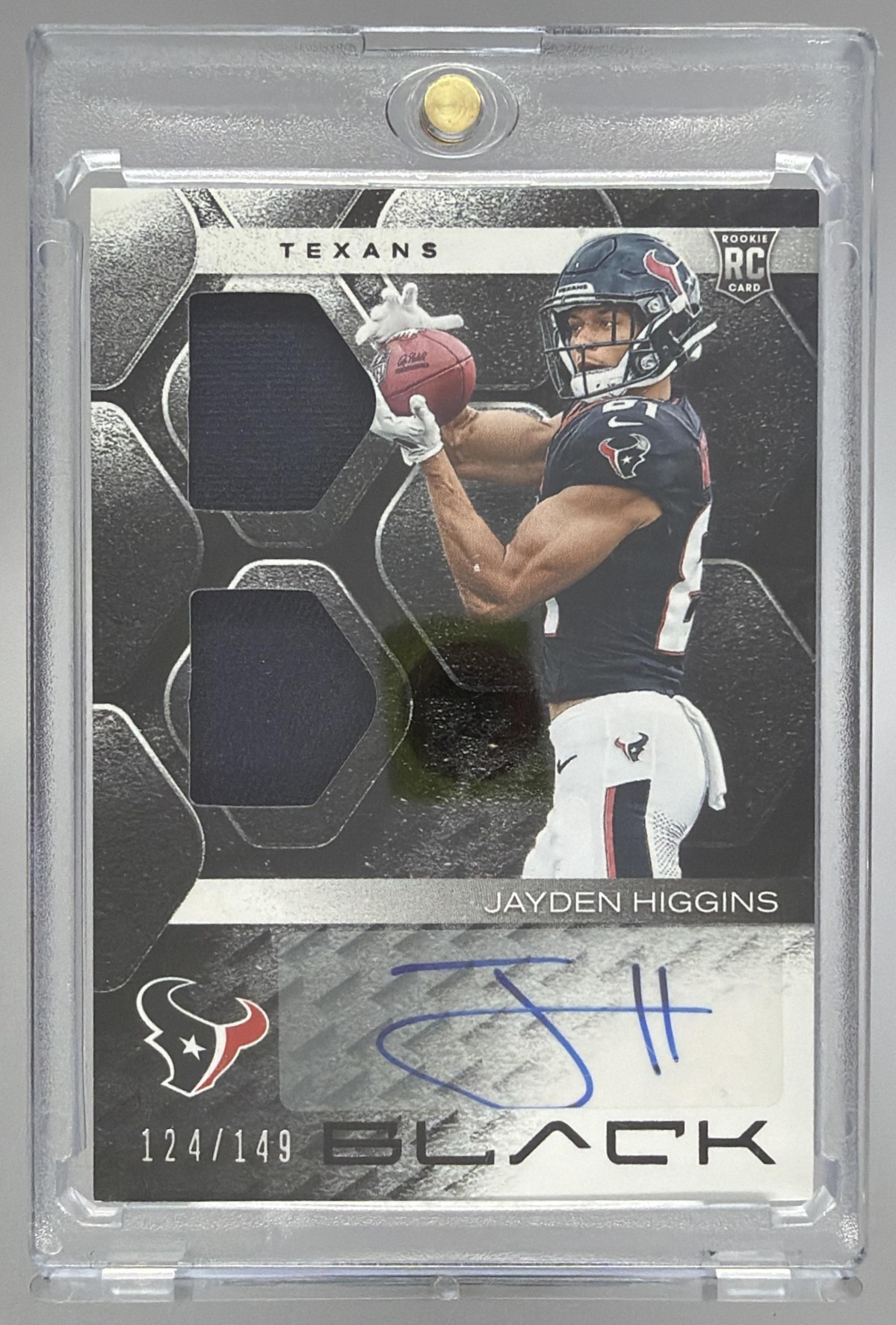 Card image for 2025 Panini Black Jayden Higgins Rookie Signature Materials /149 #RSM-JHS MEM RC Auto Texans