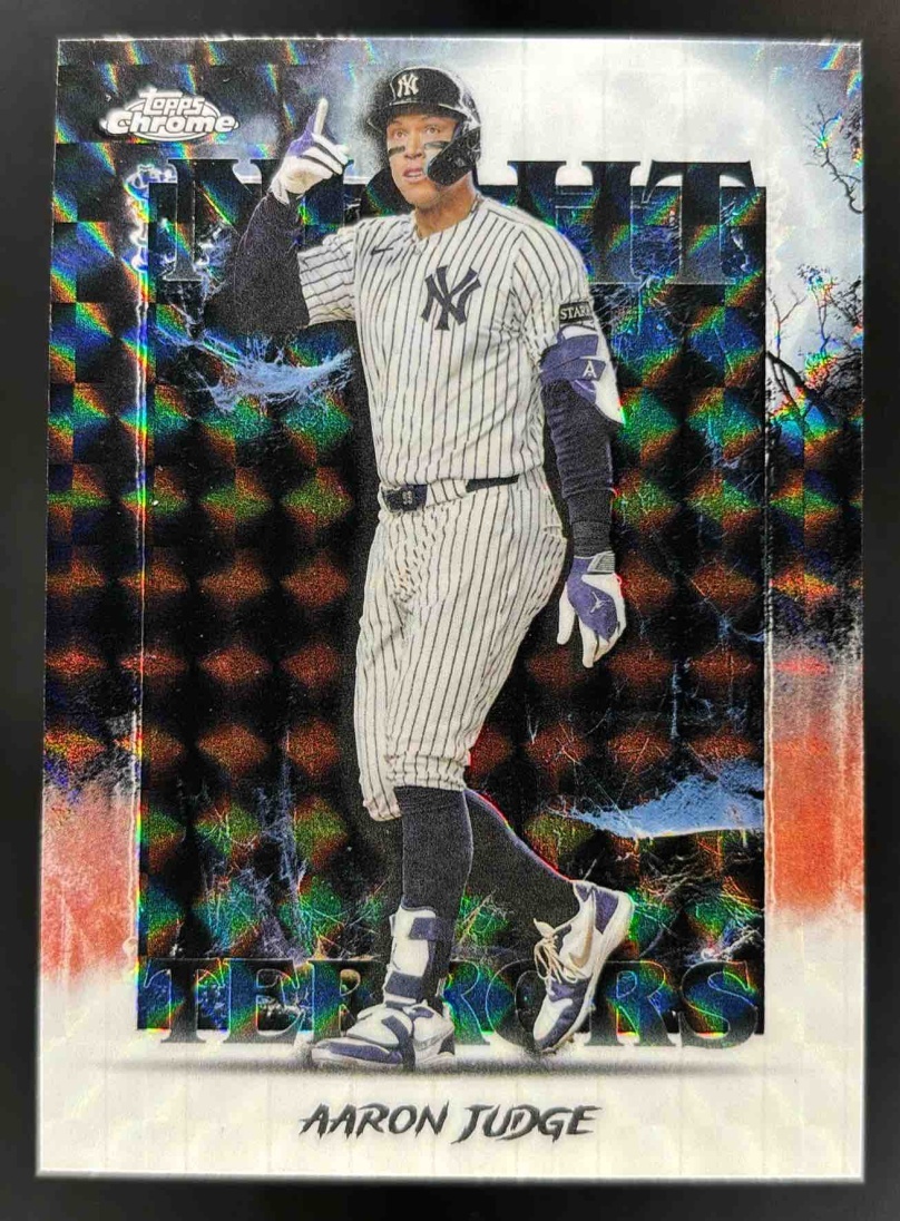 Card image for 2025 Topps Chrome Update Aaron Judge Night Terrors Geometric Refractor #NT-1