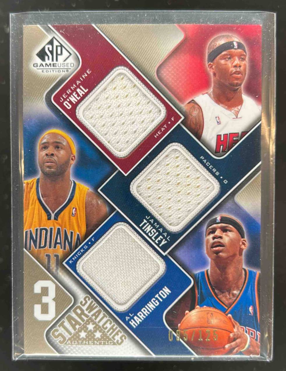 Card image for 2009-10 SP Game Used Al Harrington / Jermaine O'Neal Jamaal Tinsley 3 Star Swatches 125 85 /125 #3S-MTO MEM