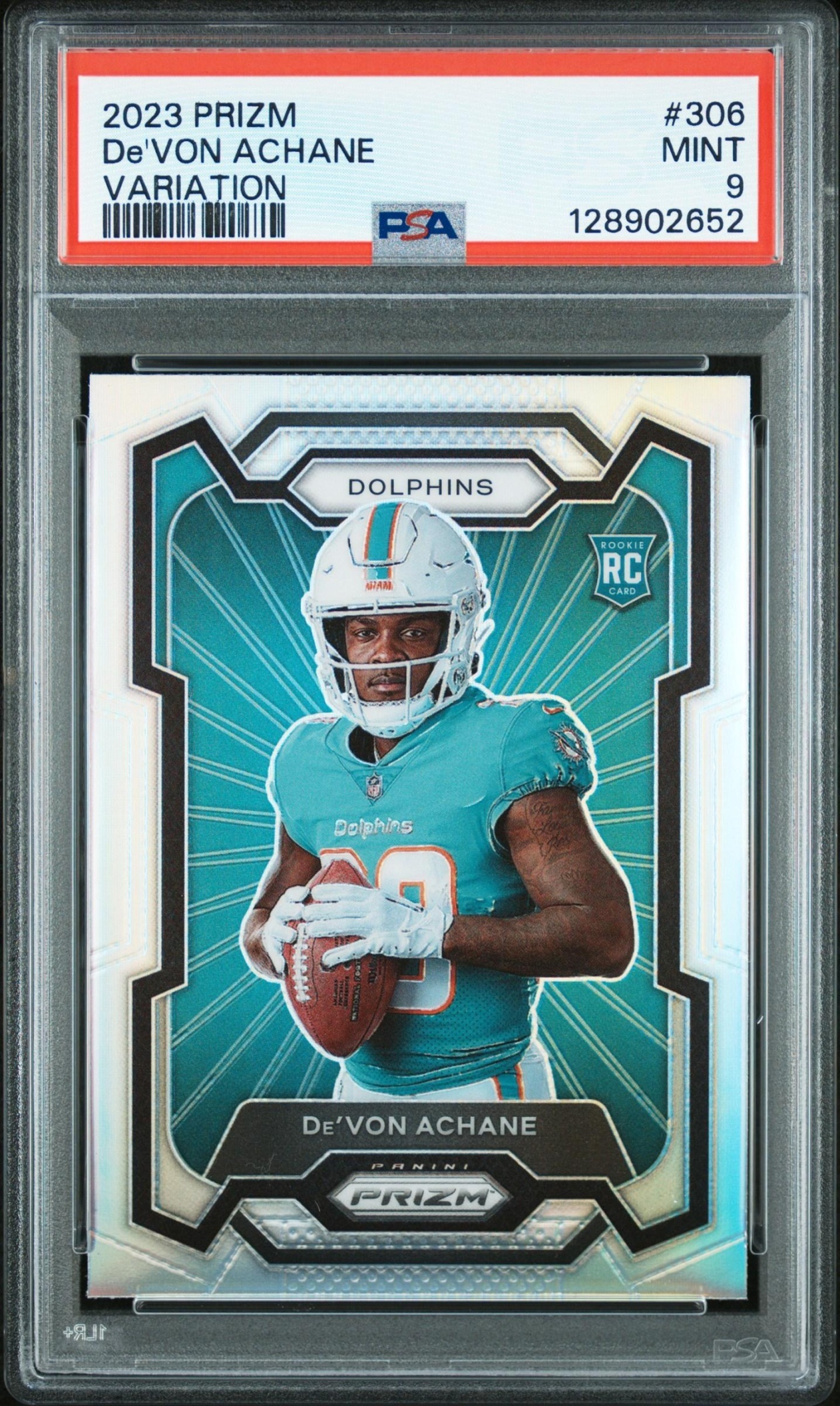 Card image for 2023 Panini Prizm De'Von Achane Rookie Variations Prizms Silver #306 RC Dolphins