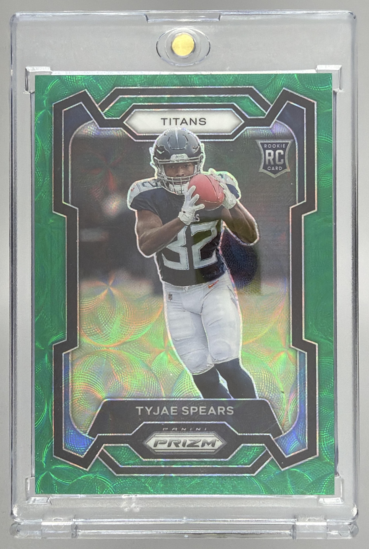 Card image for 2023 Panini Football Prizm Tyjae Spears Green Scope /75 #396 RC Tennessee Titans