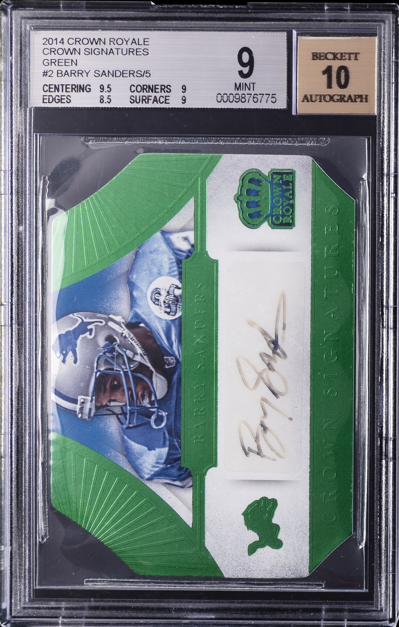 2014 Panini Crown Royale Barry Sanders Signatures Green /5 #CS-BS Auto BGS 9