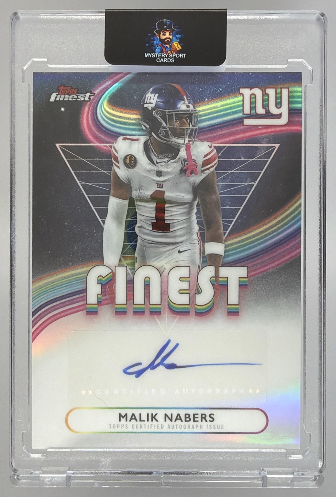 Card image for 2025 Topps Finest Malik Nabers Auto Gold Geometric Refractor /50 #FA-MN Giants