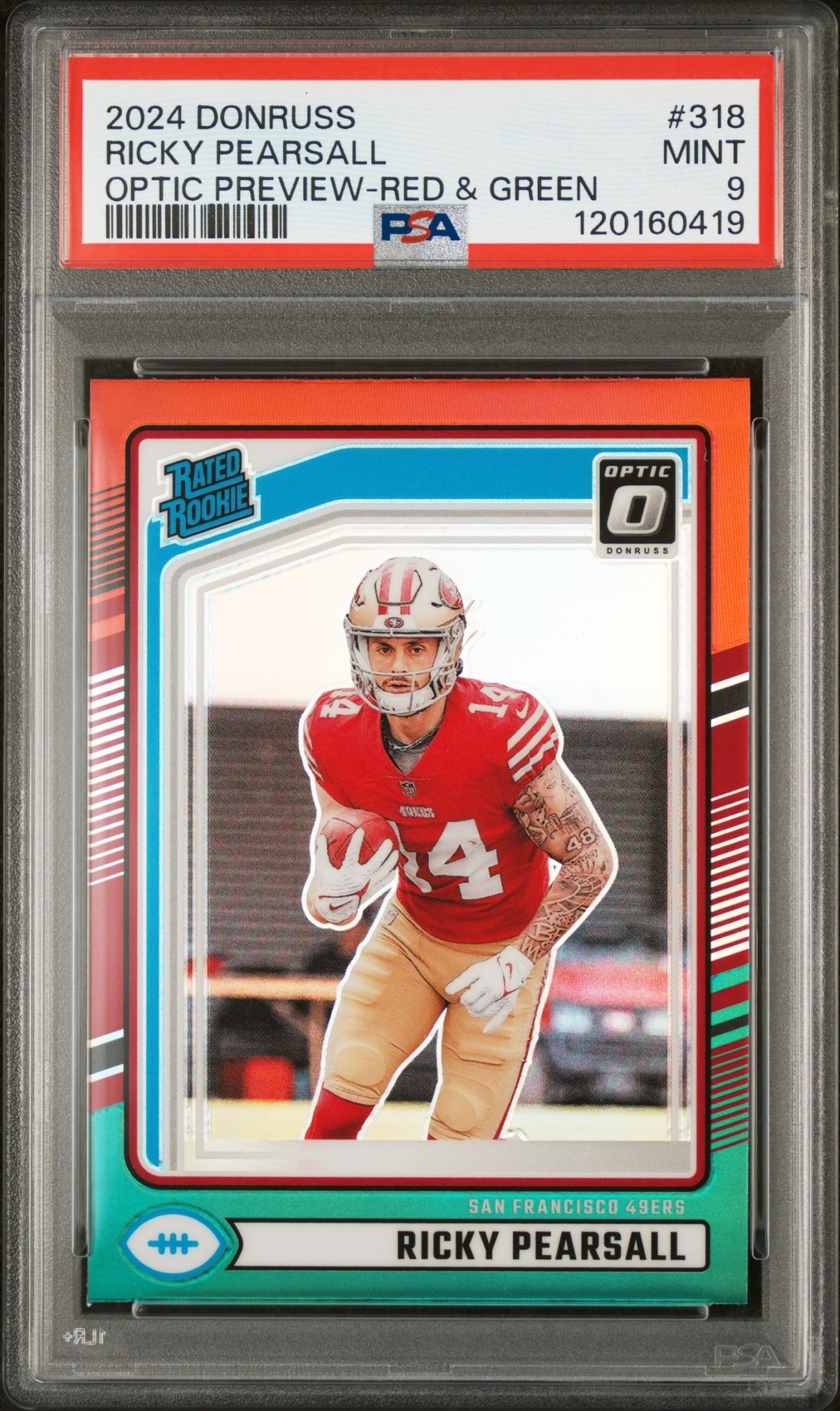Card image for 2024 Panini Donruss Ricky Pearsall Optic Rated Rookie Preview Red and Green #318 49ers