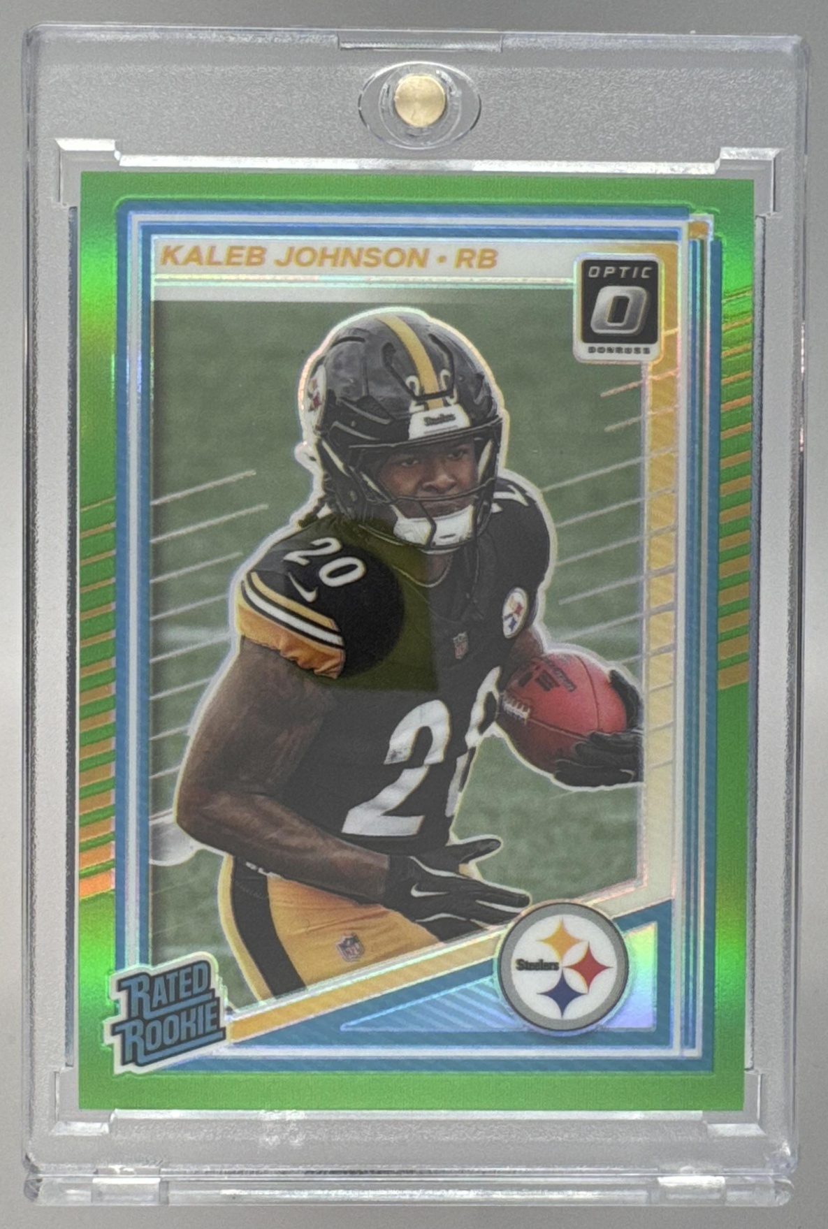 Card image for 2025 Panini Donruss Optic Kaleb Johnson Rated Rookie Flex Prizm /199 #232 Steelers