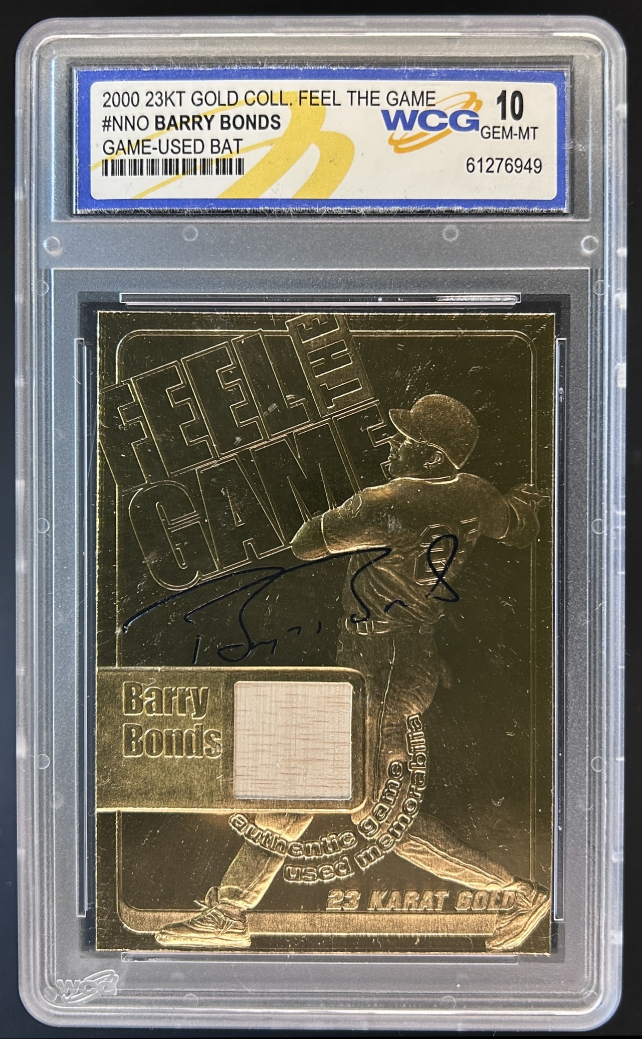 Card image for 2000 23KT GOLD BARRY BONDS FEEL THE GAME USED BAT WCG 10 GEM MINT NNO 23KT GOLD COLLECTIBLES #'D /750