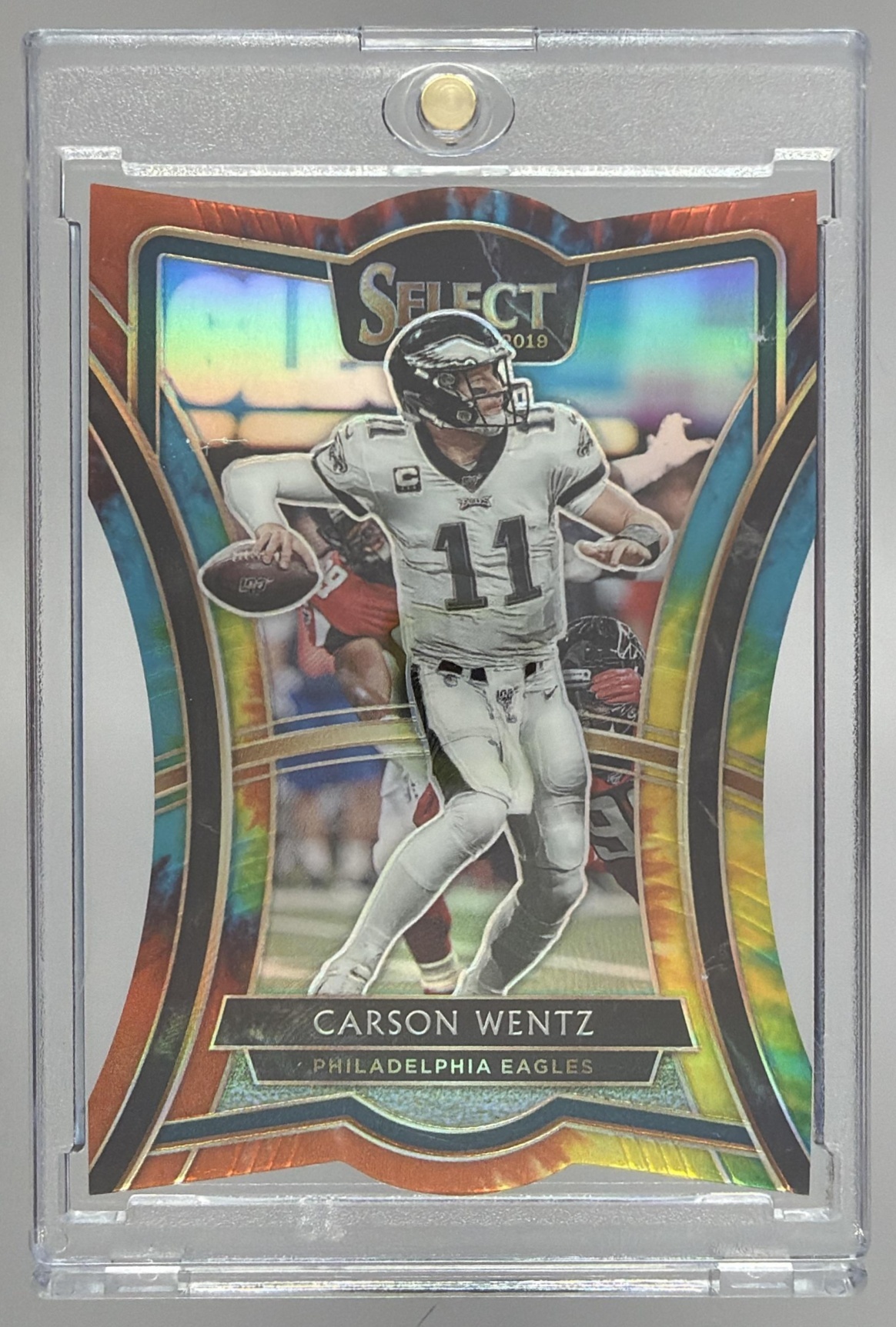 Card image for 2020 Panini Select Carson Wentz Tie Dye Prizm /25 #116 Premier Level Eagles
