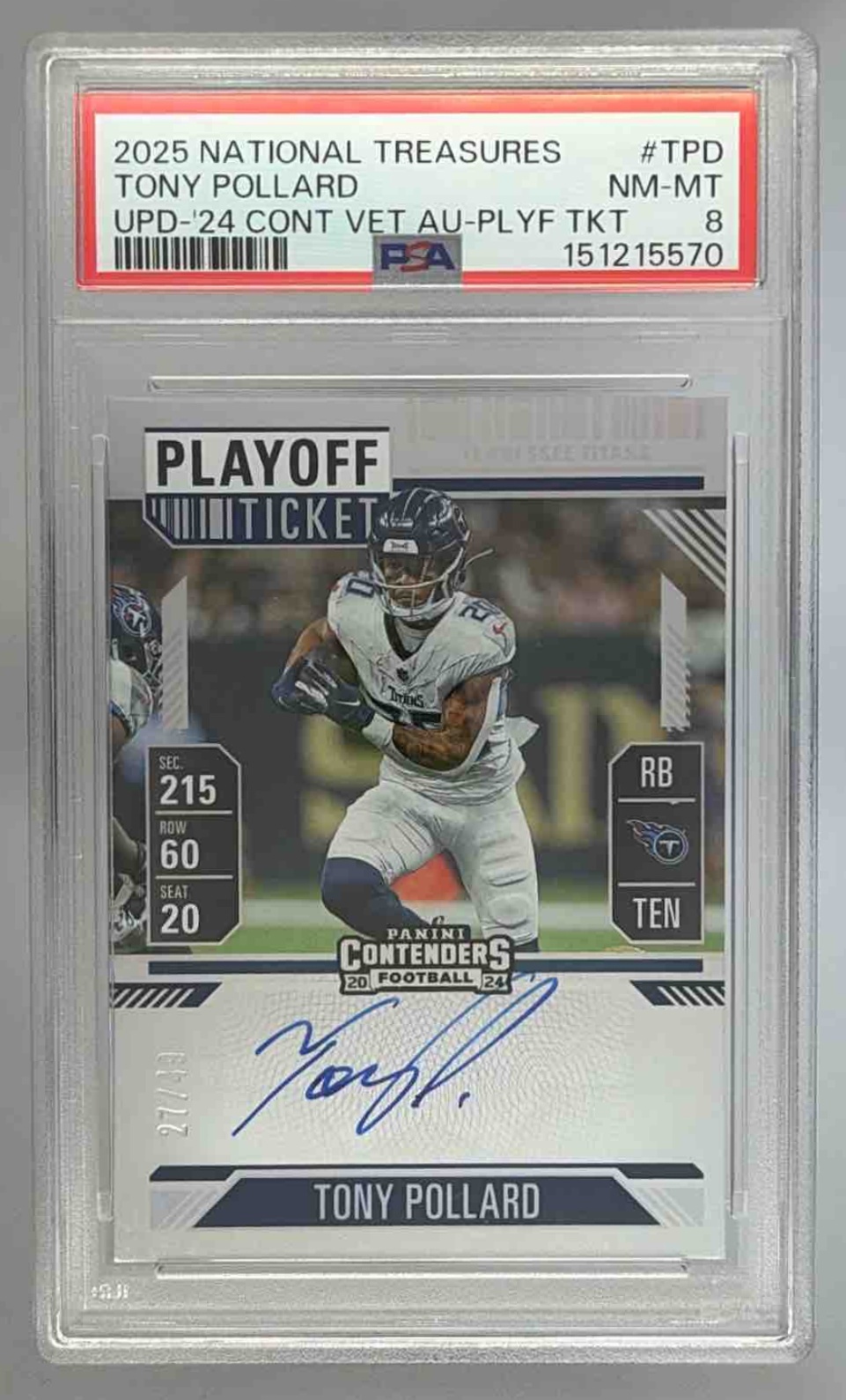 Card image for 2025 Panini Impeccable Tony Pollard Immense Patch Autos /99 #IPA-TPD MEM Auto Titans