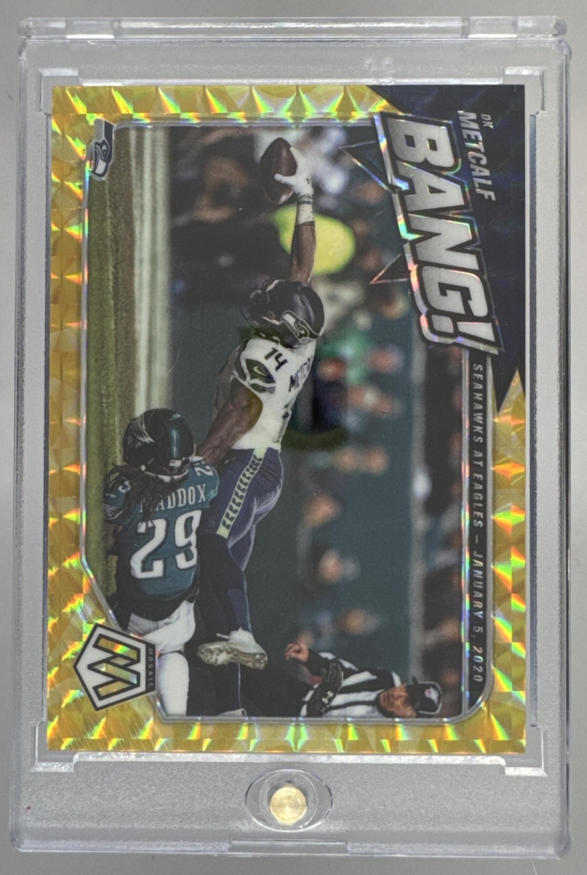 Card image for 2021 Panini Football Mosaic DK Metcalf Bang! #B-13 Seattle Seahawks