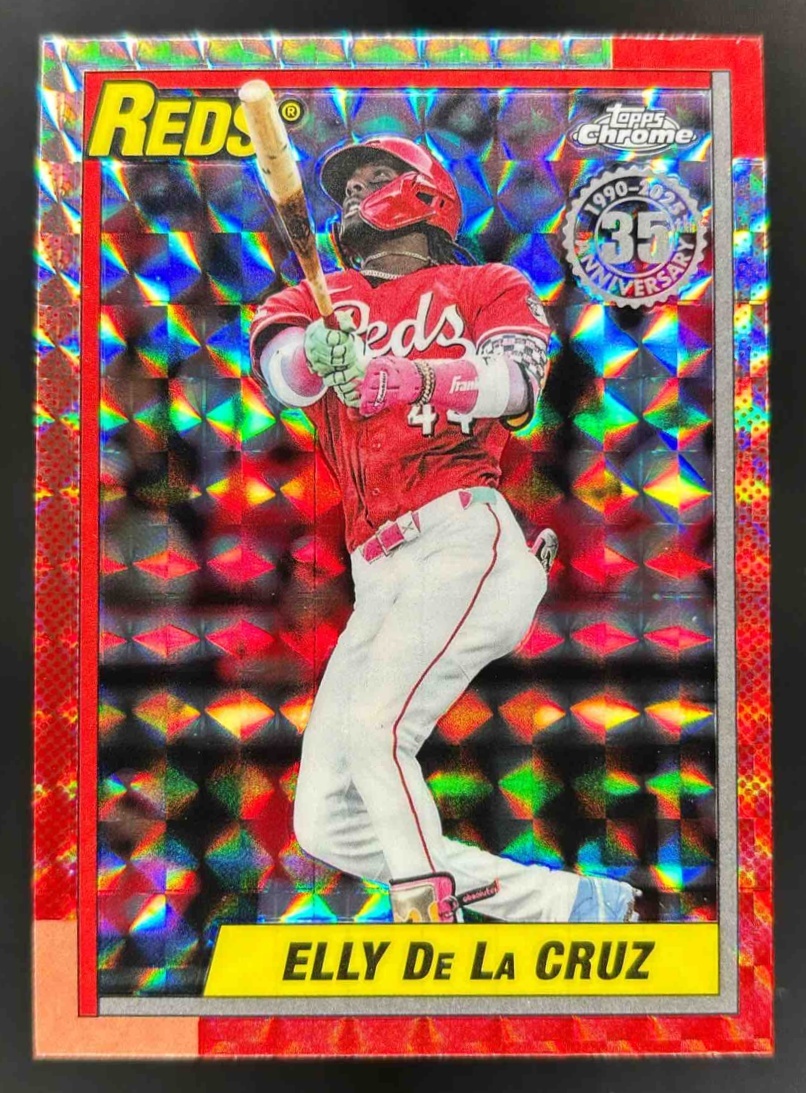 Card image for 2025 Topps Chrome Update Elly De La Cruz 1990 Geometric Refractor #90CU-3 Reds