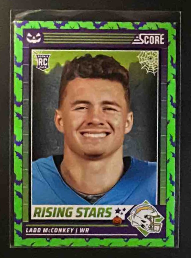 Card image for 2024 Panini Score A Treat Ladd McConkey #34 Rising Stars Green Bats RC Chargers