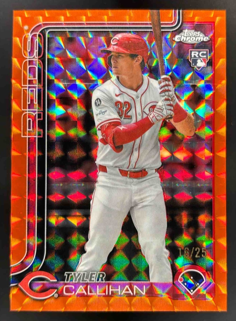 Card image for 2025 Topps Chrome Update Tyler Callihan Orange Geometric Refractor /25 RC