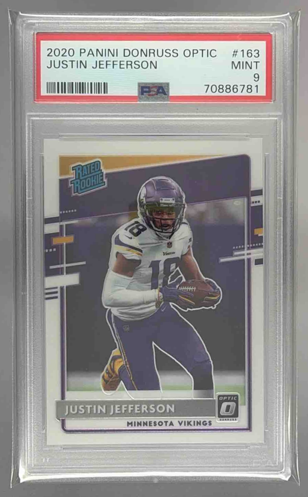Card image for 2020 Panini Donruss Optic Justin Jefferson Purple Shock Prizm #163 RC Vikings