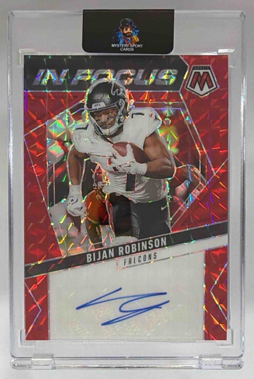 Card image for 2025 Panini Mosaic Bijan Robinson In Focus Signatures Red Prizm /199 #IFS-BRN Auto Falcons