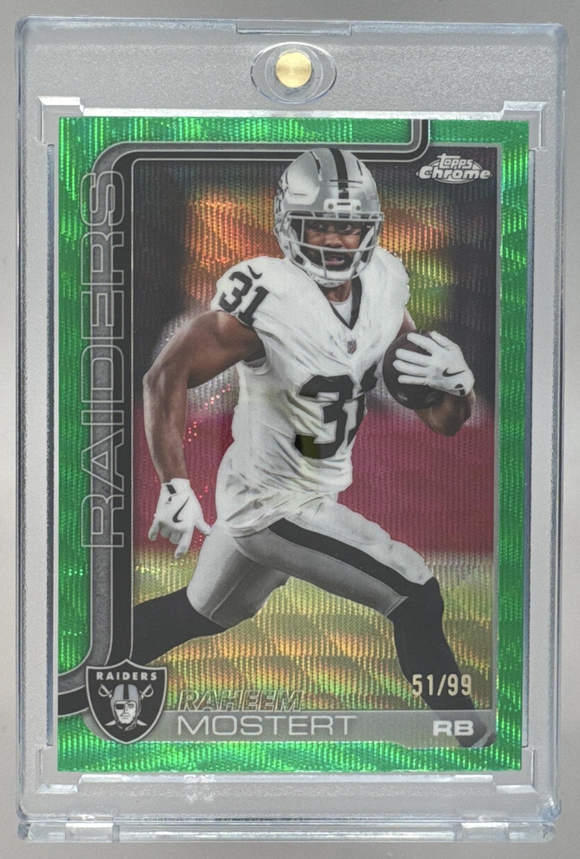 Card image for 2025 Topps Chrome Raheem Mostert Blue Wave Refractor /150 #182 Raiders