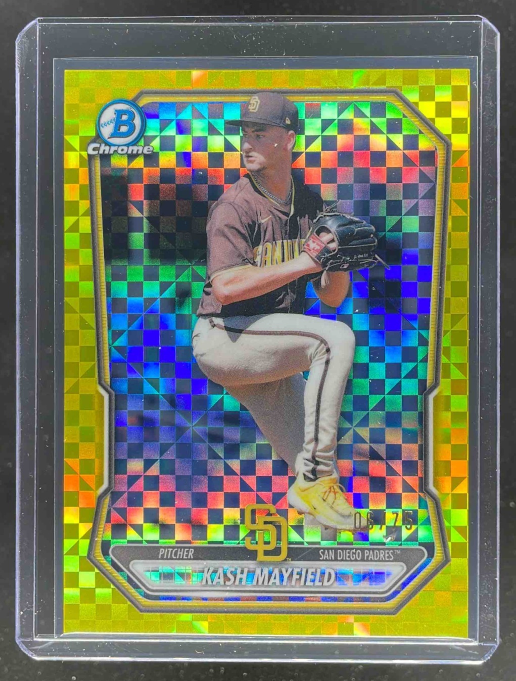 Card image for 2026 Bowman Kash Mayfield Chrome Prospects Yellow X-Fractor /75 #BCP-70
