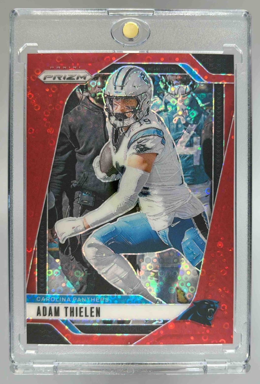 Card image for 2024 Panini Football Prizm Adam Thielen No Huddle Red /75 #39 Carolina Panthers