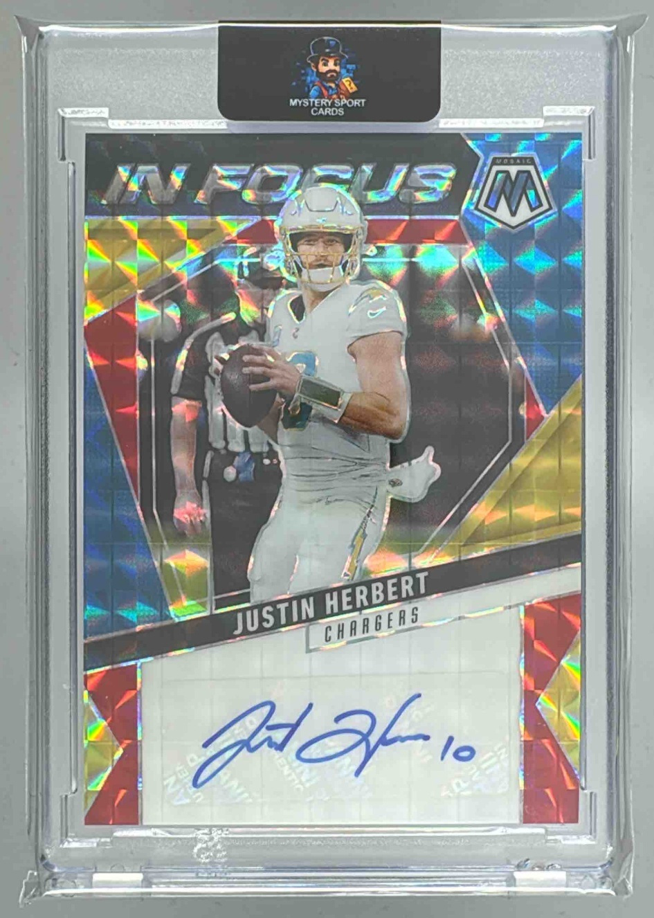 Card image for 2025 Panini Mosaic Justin Herbert In Focus Signatures #IFS-JHT Auto Chargers