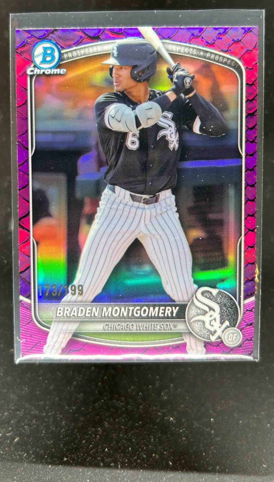 Card image for Braden Montgomery 2025 Bowman Draft Chrome Fuchsia Reptilian Refractor /199