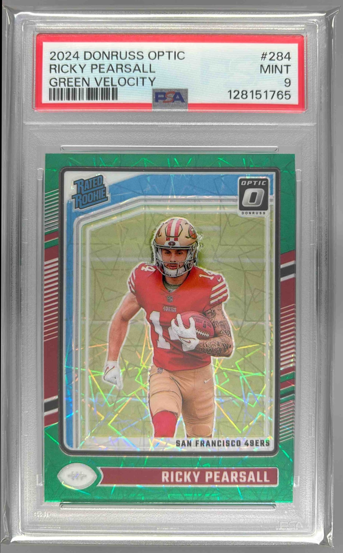 Card image for 2024 Panini Donruss Optic Ricky Pearsall Green Velocity #284 Rated Rookie 49ers