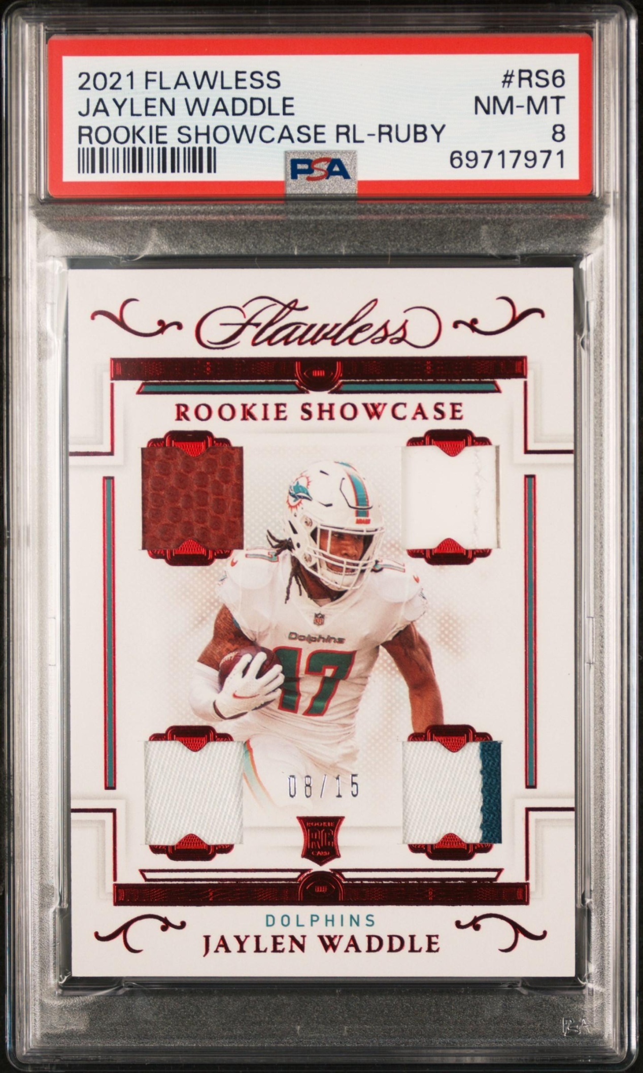 Card image for 2021 Panini Flawless Jaylen Waddle Rookie Showcase Ruby /15 #RS6 MEM RC Dolphins