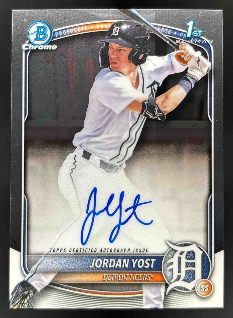 Card image for 2025 Bowman Draft Jordan Yost Chrome Prospect Auto #CPA-JY Tigers