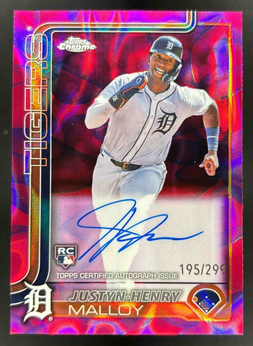Card image for 2025 Topps Chrome Update Justyn-Henry Malloy Lava Lamp Auto Magenta/Purple /299