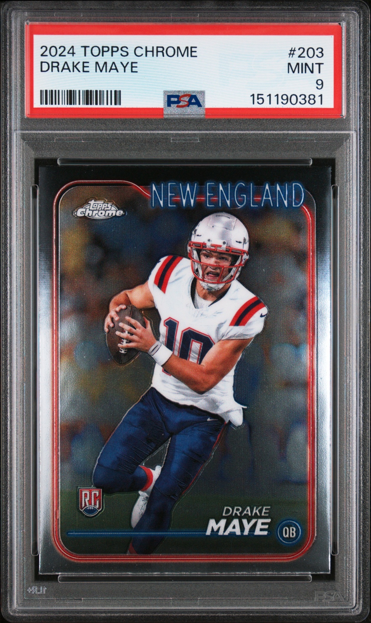 Card image for 2024 Topps Football Chrome Drake Maye #203 RC New England Patriots