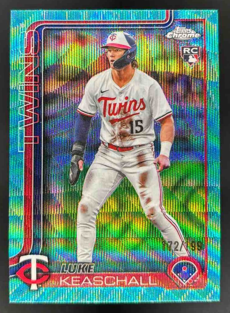Card image for 2025 Topps Chrome Update Luke Keaschall Aqua Wave Refractor /199 RC