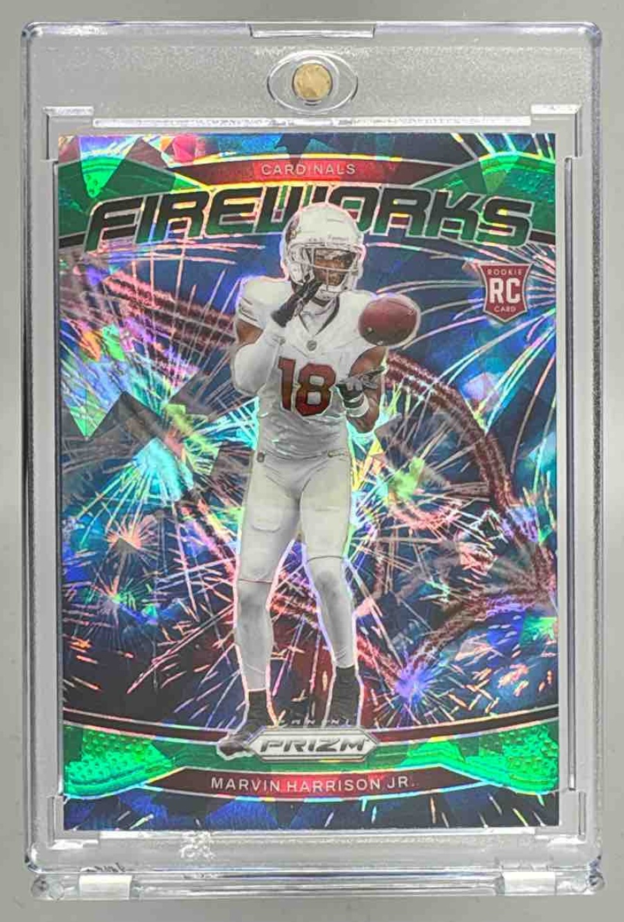 Card image for 2024 Panini Prizm Marvin Harrison Jr. Fireworks Green Wave #20 RC Cardinals