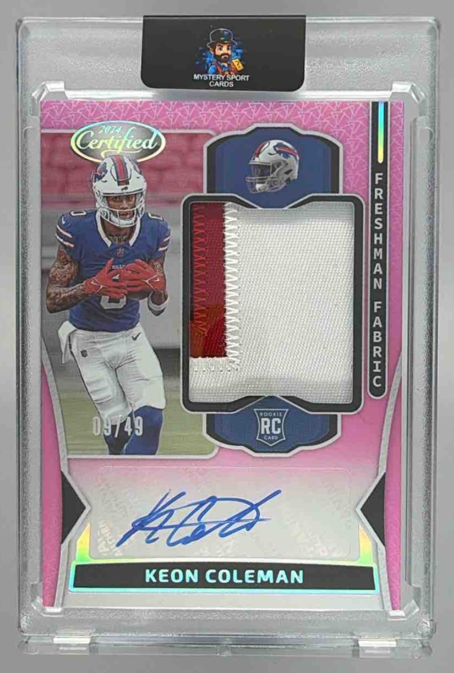 Card image for 2024 Panini Certified Keon Coleman Freshman Fabric Mirror Signatures Pink Etch /49 #FMS-KCN MEM RC Auto Bills