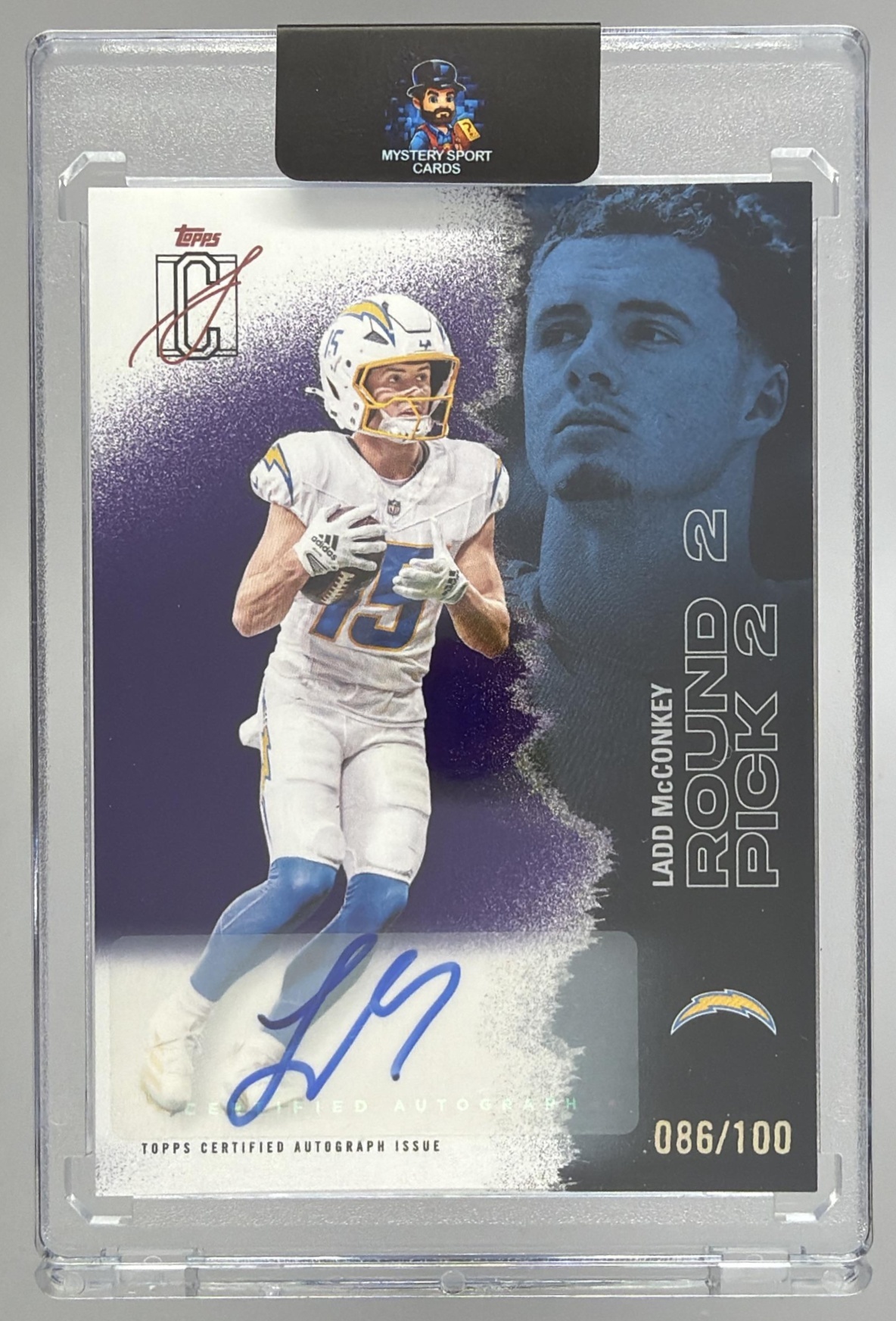 Card image for 2025 Topps Signature Class Ladd McConkey Veteran Auto Purple Foil /100 #81 Chargers