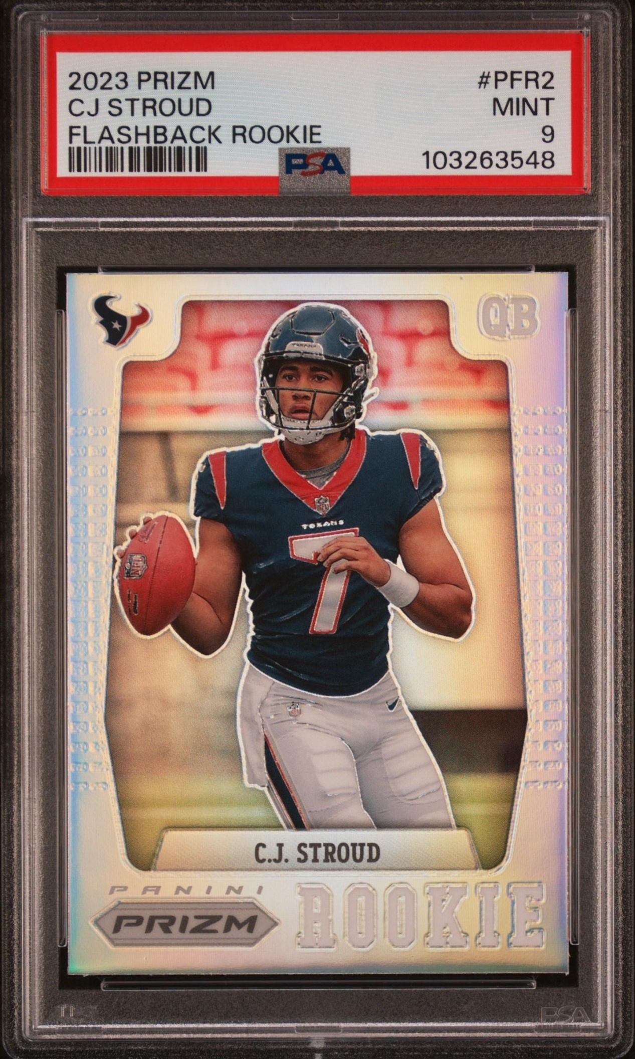 Card image for 2023 Panini Prizm C.J. Stroud Flashback Rookie Prizms Silver #PFR-2 RC Texans
