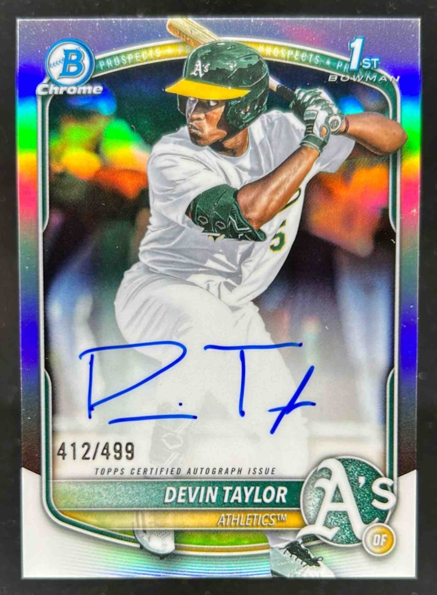 Card image for Devin Taylor 2025 Bowman Draft Chrome Prospect Auto Refractor /499