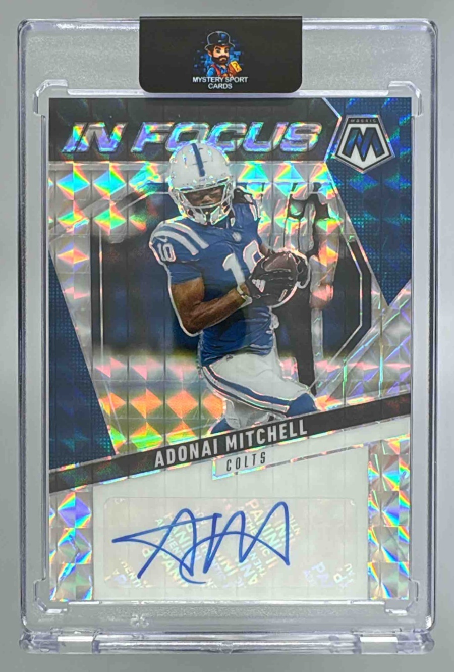 Card image for 2025 Panini Mosaic Adonai Mitchell In Focus Signatures #IFS-AML Auto Colts