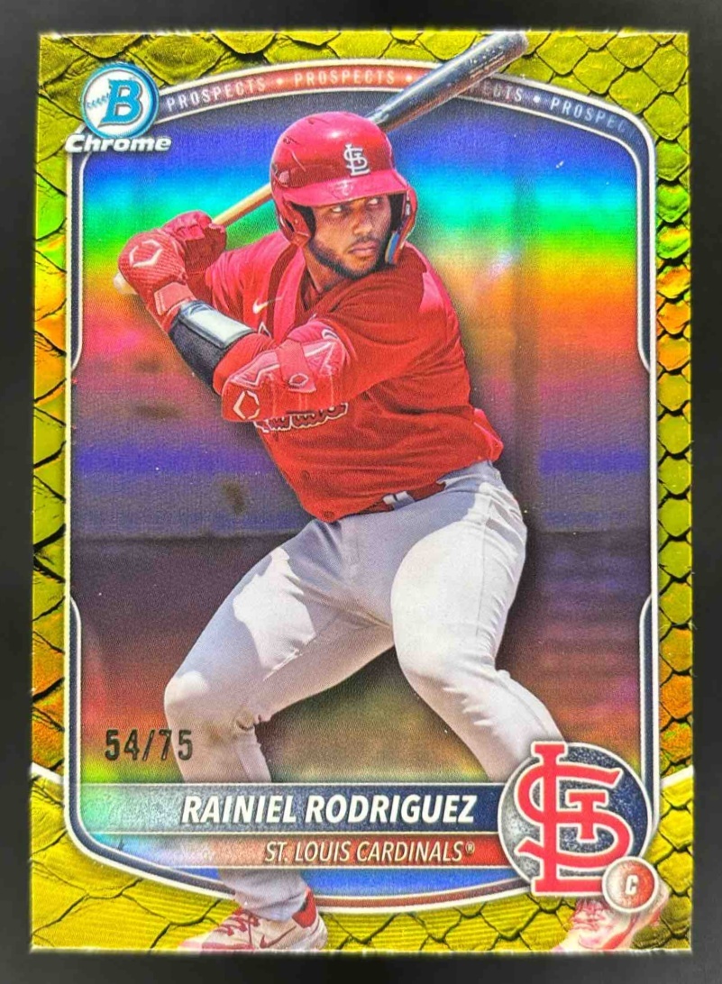 Card image for 2025 Bowman Draft Rainiel Rodriguez Chrome Yellow Reptilian Refractor /75