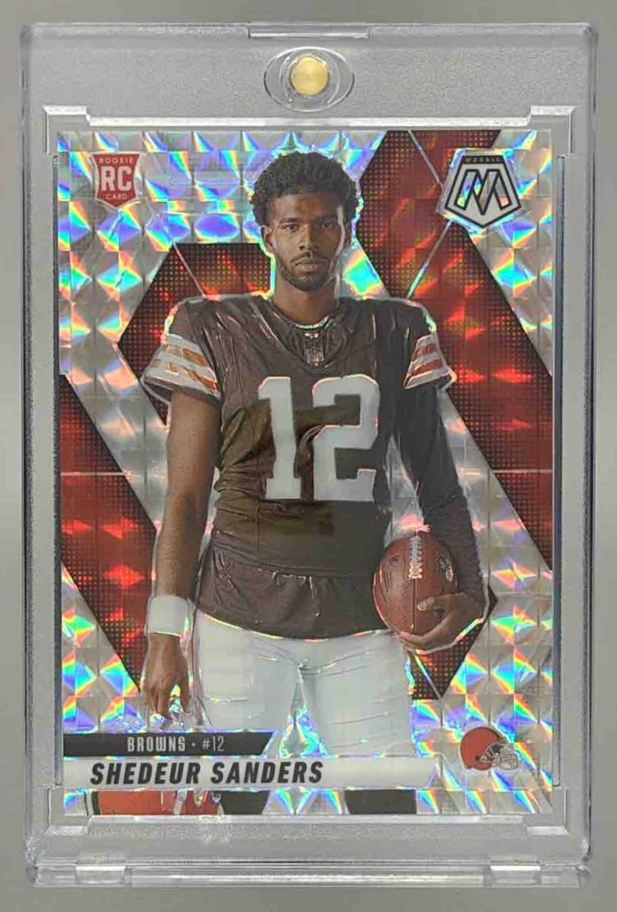 Card image for 2025 Panini Mosaic Shedeur Sanders Rookie Variation Purple Scope Prizm #290 RC Browns