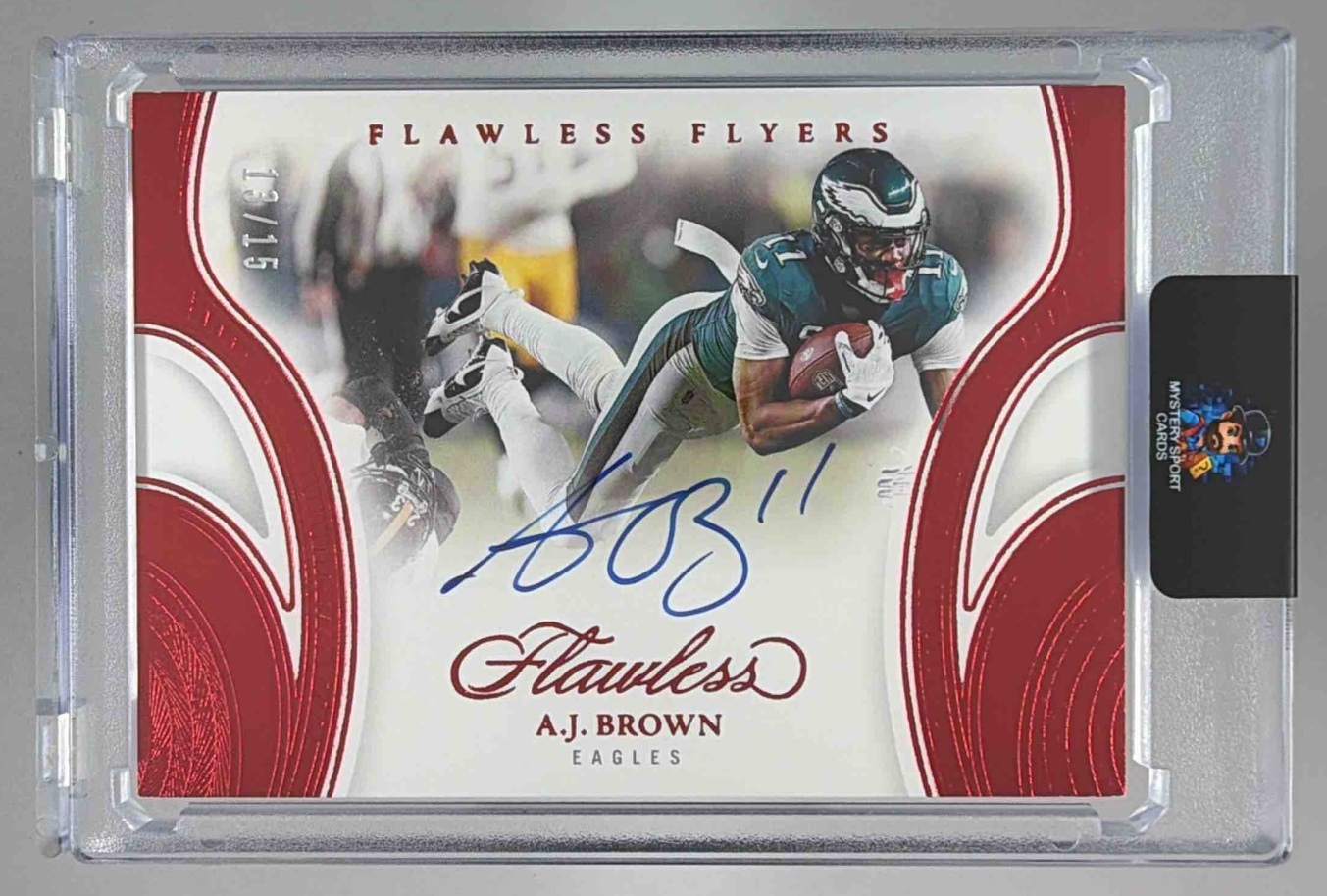 Card image for 2025 Panini Flawless A.J. Brown Flyers Ruby /15 #11 Auto Eagles