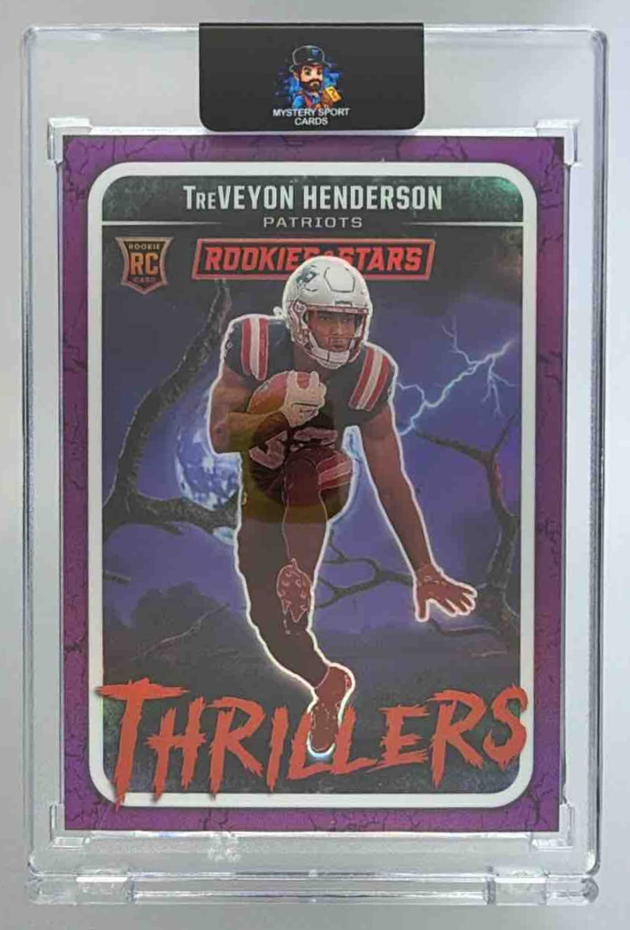 Card image for 2025 Panini Rookies & Stars TreVeyon Henderson Thrillers Purple /35 #20 RC Patriots