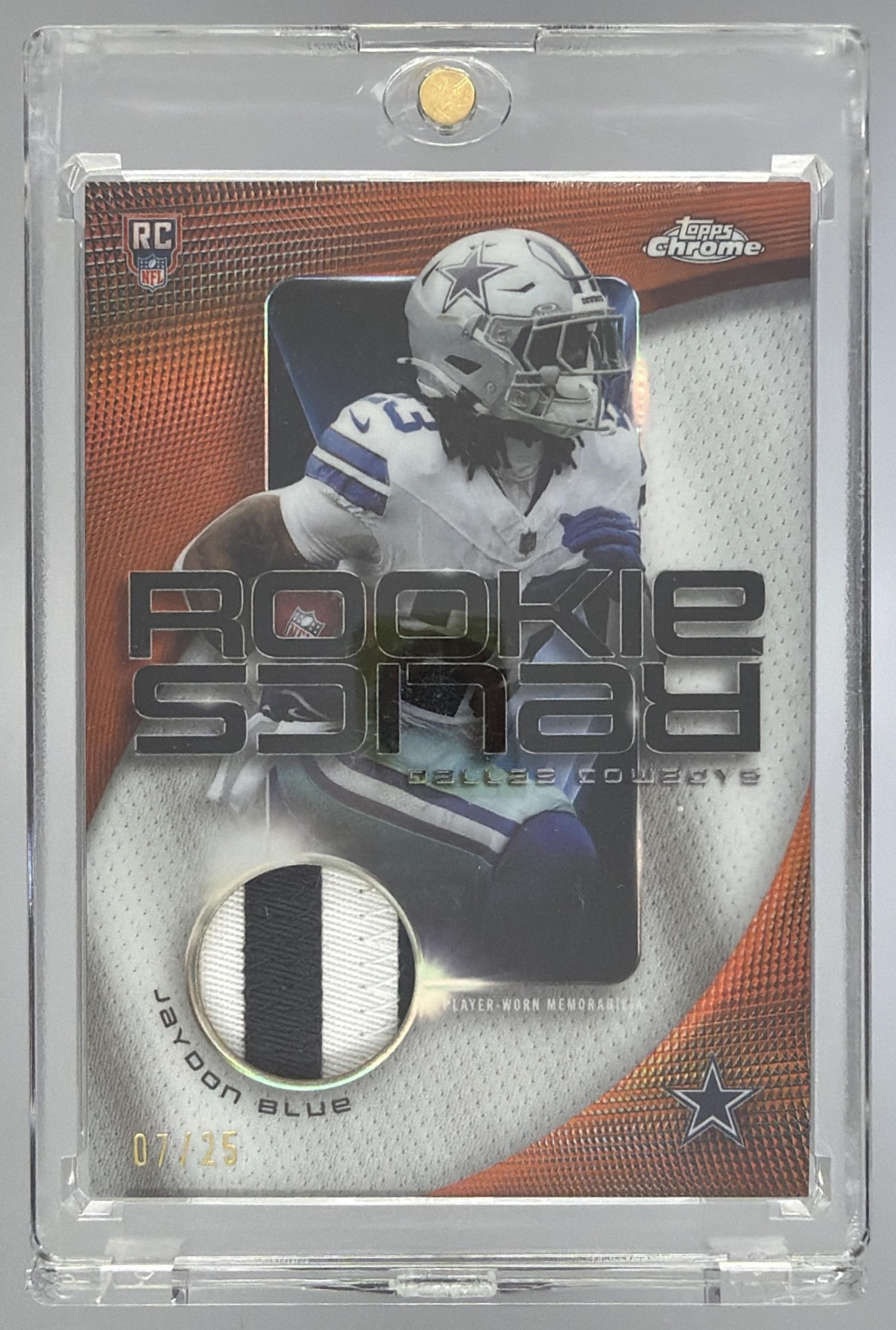 Card image for 2025 Topps Chrome Jaydon Blue Rookie Relics Orange Refractor /25 #RR-JBL RC MEM Cowboys