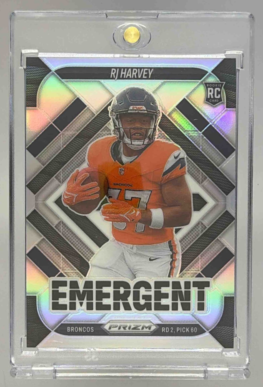 Card image for 2025 Panini Football Prizm RJ Harvey Emergent Silver #16 Denver Broncos