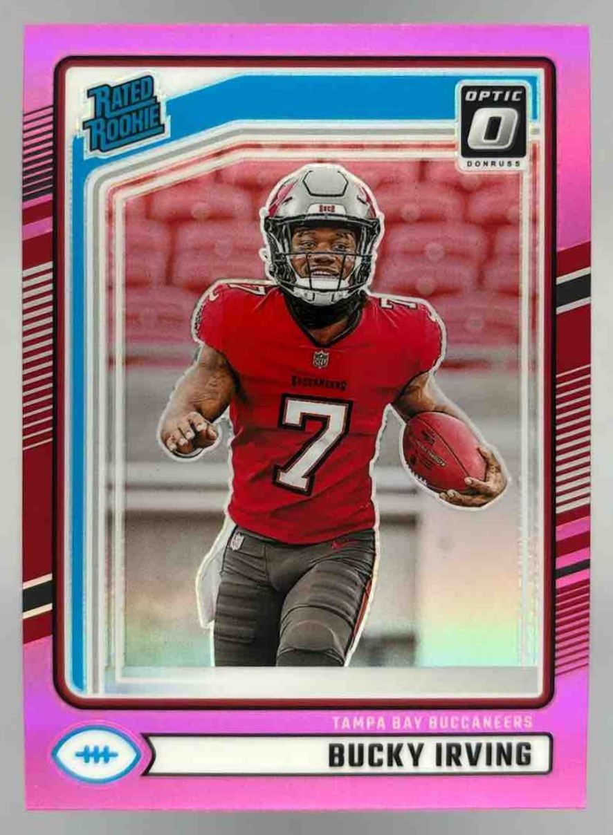 Card image for 2024 Panini Donruss Bucky Irving Optic Rated Rookie Preview Pink #301 RC Buccaneers