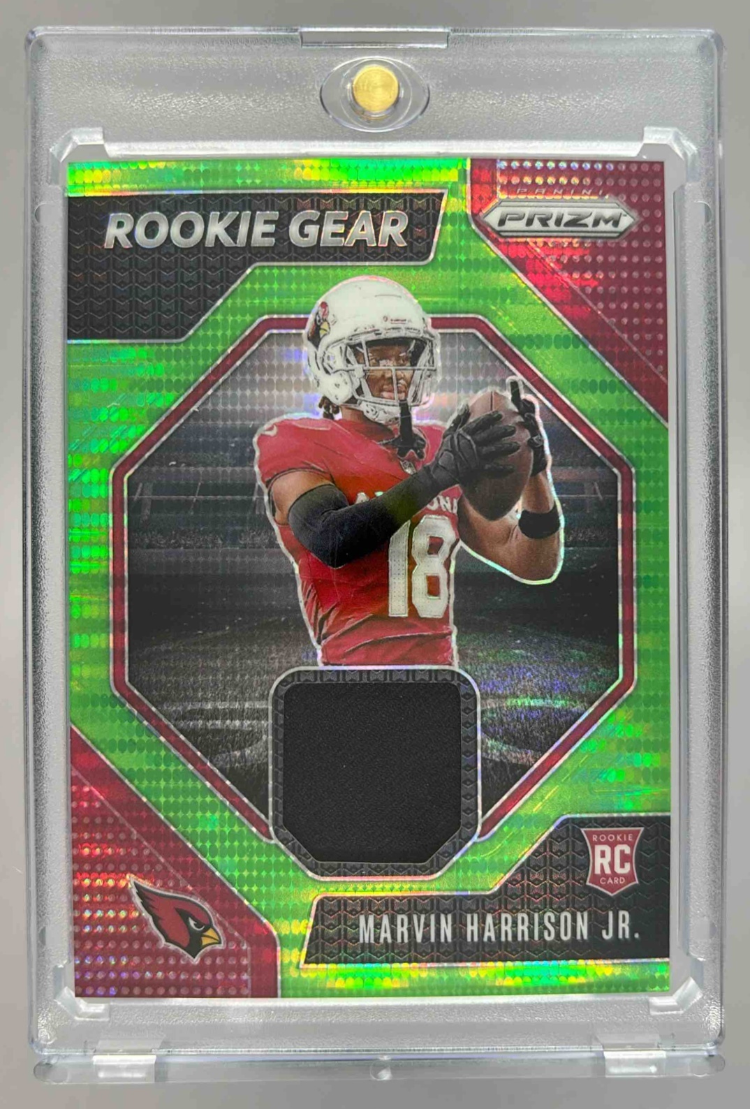 Card image for 2024 Panini Prizm Marvin Harrison Jr. Rookie Gear Neon Green Pulsar #RG-MHJ MEM RC Cardinals