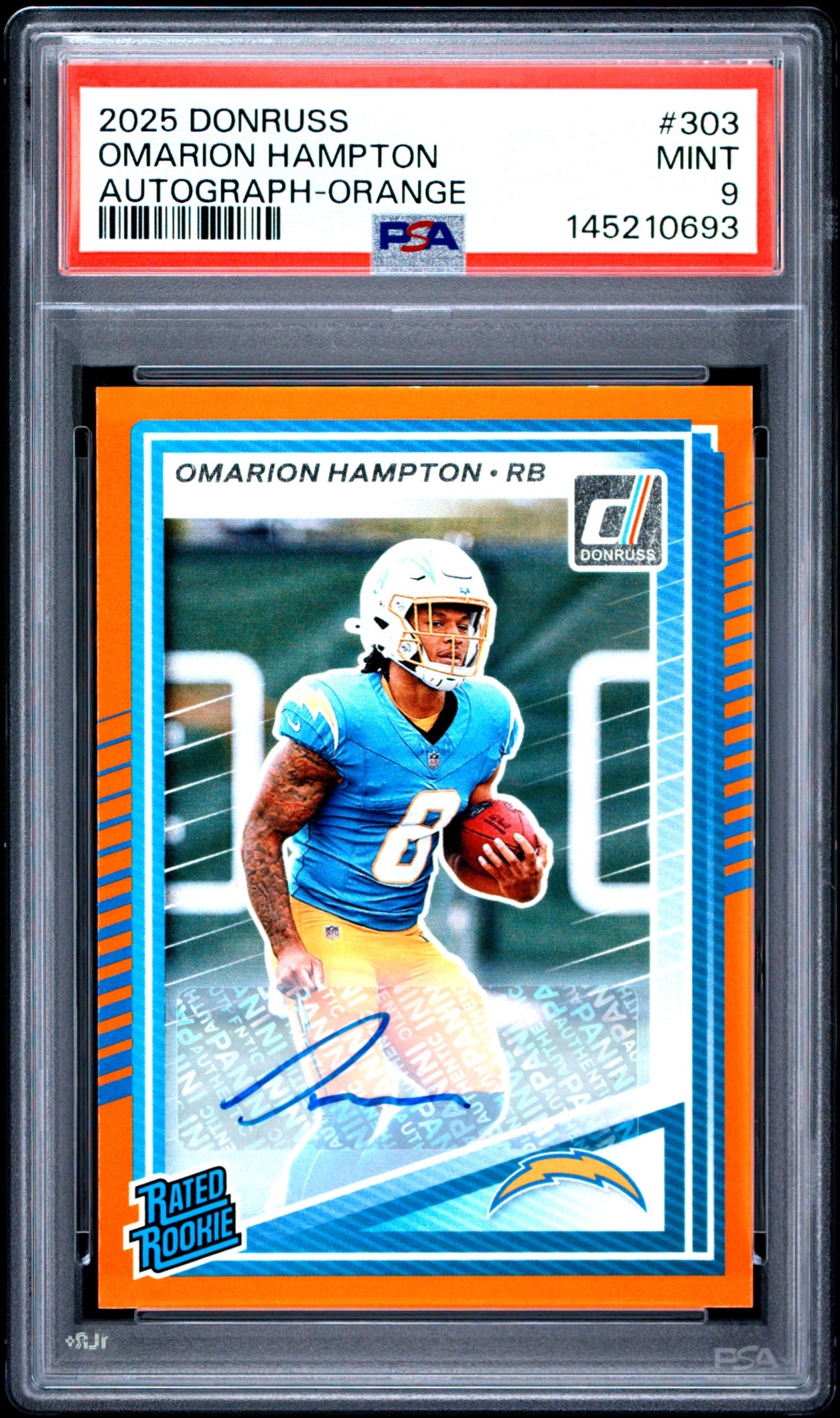 Card image for 2025 Panini Donruss Omarion Hampton Rated Rookie Auto Orange #303 RC Chargers