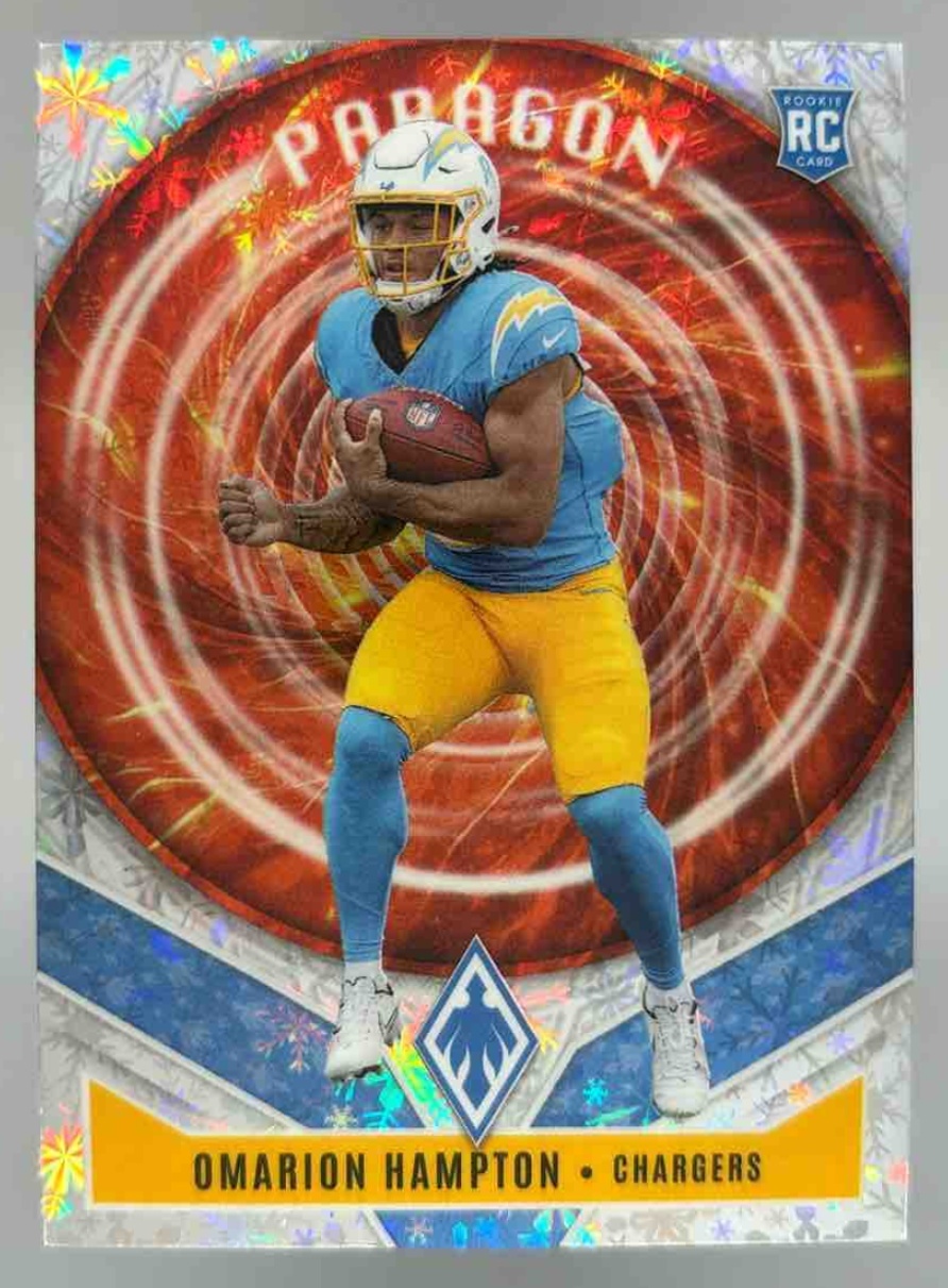 Card image for 2025 Panini Phoenix Omarion Hampton Paragon Blue Prizm /199 #9 RC Chargers