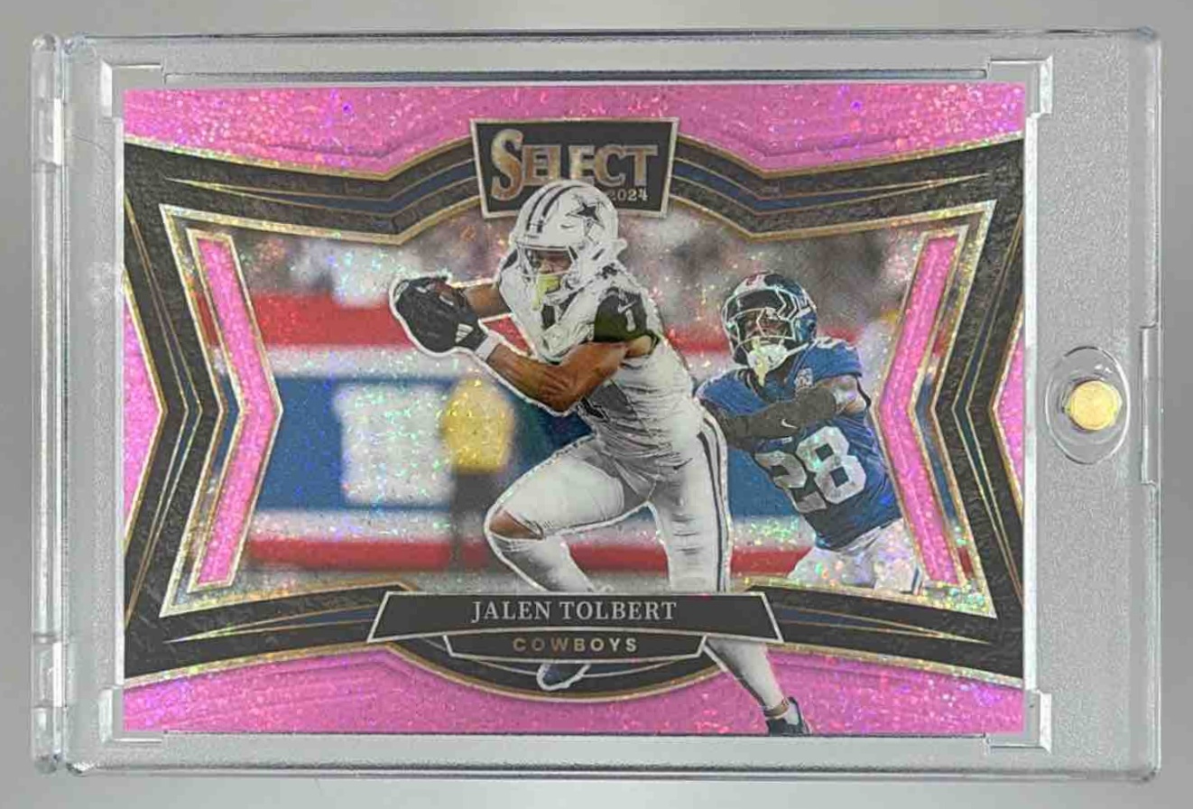 Card image for 2024 Panini Select Jalen Tolbert Field Gold Dragon Scale Prizm /15 #447 Cowboys